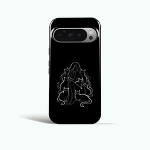 May include: Black phone case featuring a white illustration of a person surrounded by cats. The design is a line drawing style, with the person seated and the cats in various poses around them. The case has a glossy finish.