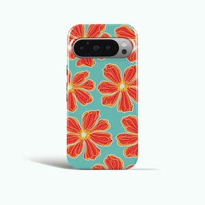 Puede incluir: Una funda de teléfono con un patrón repetido de flores naranjas y amarillas sobre un fondo turquesa. La funda tiene un recorte para la cámara y un acabado liso y brillante. El diseño floral añade un toque de estilo inspirado en la naturaleza.