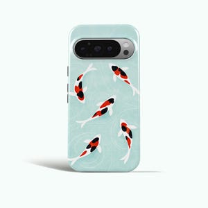 May include: A light blue phone case featuring a pattern of koi fish. The koi fish are white, red, and black, swimming in a light blue water background with swirling lines. The phone case has a camera cutout at the top.