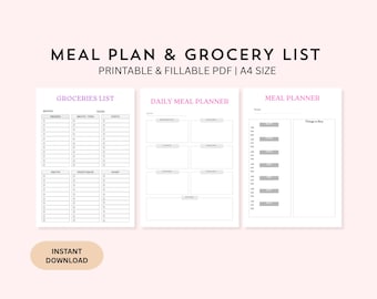 Weekly Meal Planner Printable with Grocery List, 7 Day Menu Plan, Meal Prep Planner, Food Planner, Fillable
