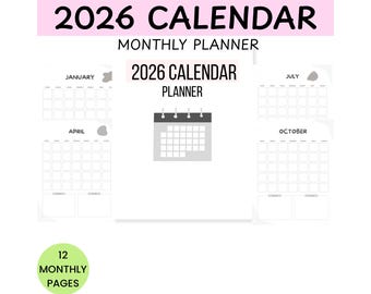 2026 Monthly Calendar Printable | Monthly Planner | Sunday Monday Start