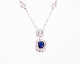 Blue Sapphire CZ Pendant Necklace, Sterling Silver Halo, Art Deco Jewelry