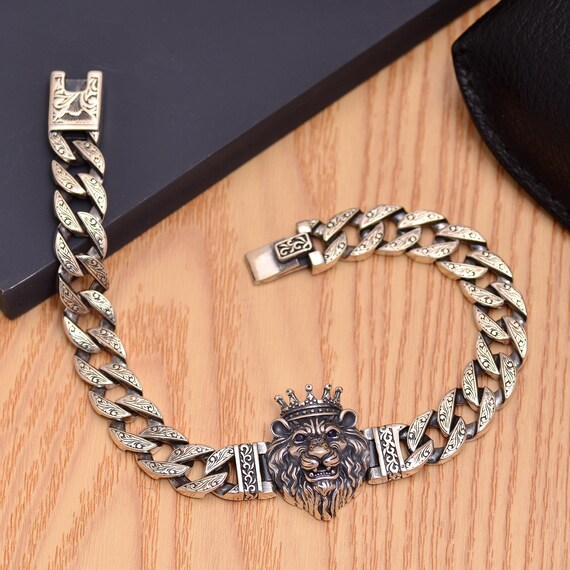 Crowned Lion Head Sterling Silver Bracelet | Engraved Cuban Chain