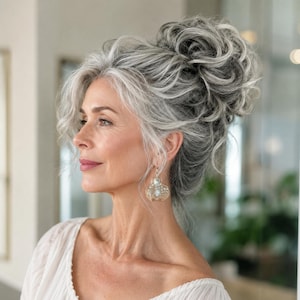 Silver Gray Curly Hair Bun Extension, Messy Updo, Synthetic Scrunchie Chignon