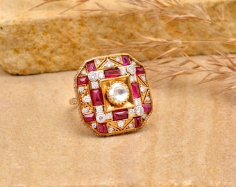 18 kt gouden Mughal Polki-ring, robijnrode roosgeslepen diamant, handgemaakt