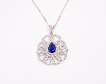 Blue Sapphire CZ Sterling Silver Pendant | Teardrop Filigree Necklace