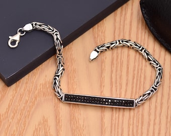 Black CZ Bar Bracelet for Men | Sterling Silver Wheat Chain