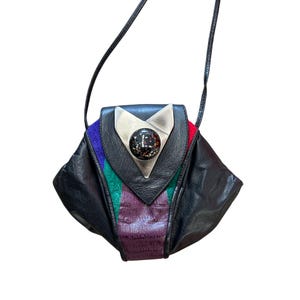 Vintage 80s Patchwork Leather Purse – Retro Shoulder Bag – Genuine Leather Colorblock Handbag
