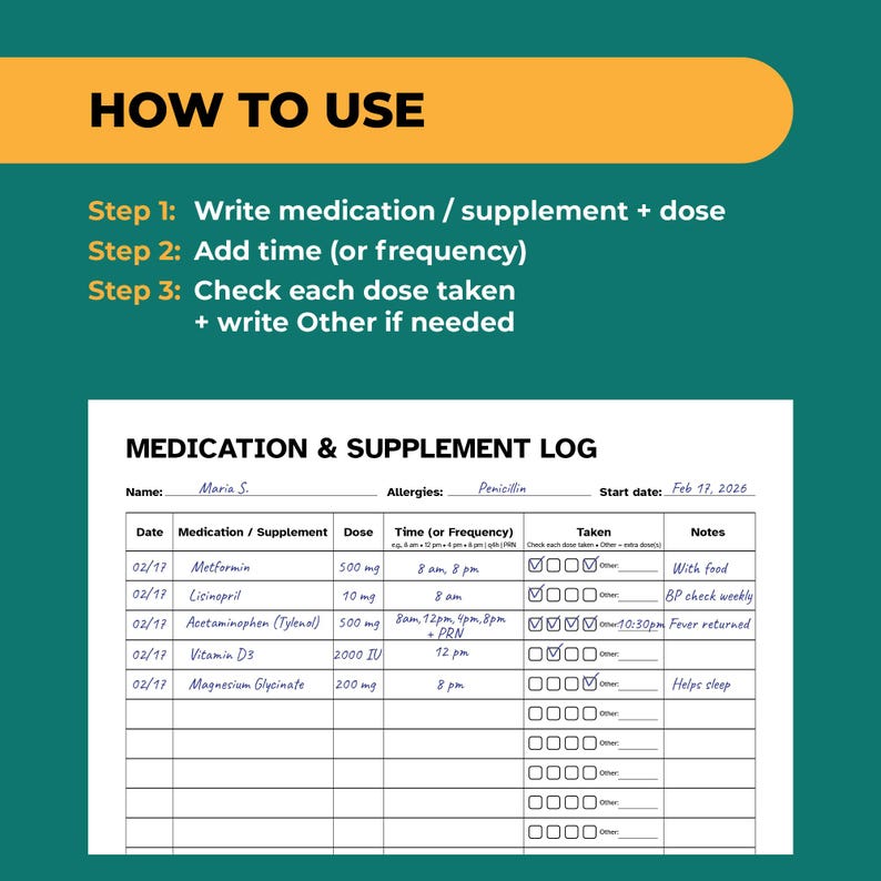 Daily Medication Tracker Printable | Vitamin Supplement Log | Simple ...