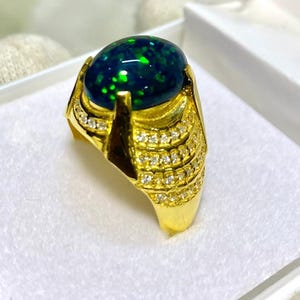 14K Black Opal Ring, Stylish Gold Band for Men & Boys, Angular Shank Art Deco Promise Ring, Anniversary Gift, Handmade Gold Opal Man Ring