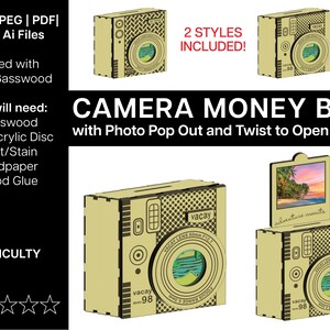 Op de afbeelding: Een camera-vormige spaarpot van lichtgekleurd hout, met een pop-out foto en een lens die kan worden opengedraaid. Het ontwerp bevat de tekst "CAMERA MONEY BOX" en "vacay". De afbeelding toont ook de benodigde materialen.