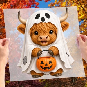 Può includere: Una soffice mucca Highland marrone che indossa un costume da fantasma bianco con fori neri per gli occhi e toppe cucite. La mucca ha corna ricurve e tiene in mano un secchiello a forma di zucca arancione con un volto nero da jack-o'-lantern.