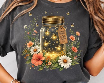 Sommarnätter Eldfluga PNG, Eldflugeljus Mason Jar PNG, Blommig Sublimeringsdesign, Mysig Cottagecore PNG Design För Tröjor, Muggar, Dricksglas
