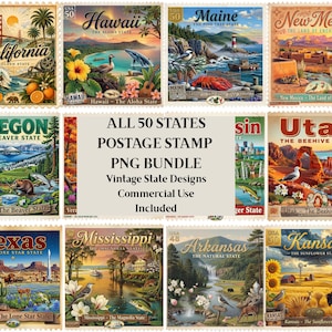 May include: A collection of vintage-style postage stamps featuring illustrations of various U.S. states. The stamps showcase state landmarks, flora, and fauna, with text including state names and "USA 50". The central text reads "ALL 50 STATES POSTAGE STAMP PNG BUNDLE".