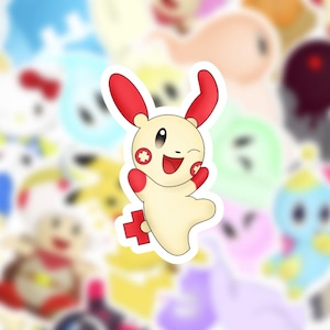 May include: A sticker featuring a cartoon character with a cream-colored body, red ears, and red accents on its hands and feet. The character has a smiling face and a red cross symbol on its cheek and chest. The background is filled with other cartoon character stickers.