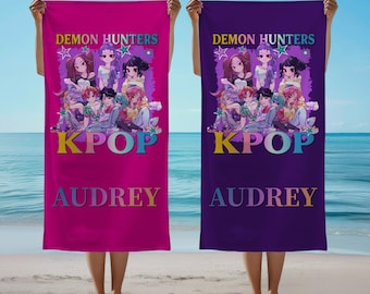 Telo mare personalizzato Kpop Hunter, telo piscina anime personalizzato con nome, regalo per fan Kpop per viaggi tra ragazze, telo Kpop Demon per bambini, telo Saja Boy