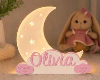 Veilleuse lune personnalisée. Lampe de chevet avec nom et date de naissance de bébé