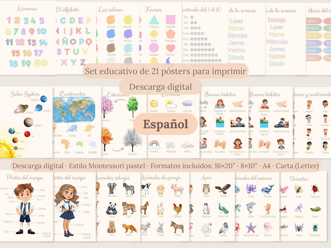 Spanish Educational Posters Set | 21 Printable Montessori Wall Art for ...