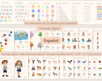 Set de pósteres educativos en español / 21 láminas Montessori imprimibles para la pared de los niños / Decoración pastel para el aula