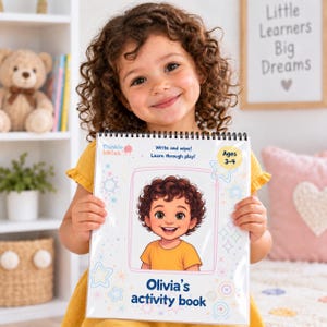 May include: A spiral-bound activity book titled Olivia's activity book, featuring a cartoon illustration of a child with curly brown hair wearing a yellow shirt. The cover includes the text Write and wipe! Learn through play! and Ages 3-4.