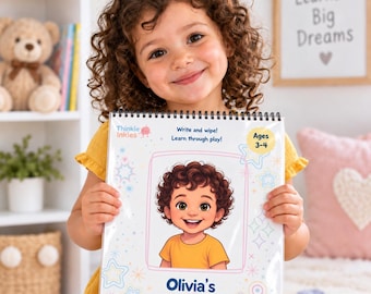 May include: A spiral-bound activity book titled Olivia's activity book, featuring a cartoon illustration of a child with curly brown hair wearing a yellow shirt. The cover includes the text Write and wipe! Learn through play! and Ages 3-4.