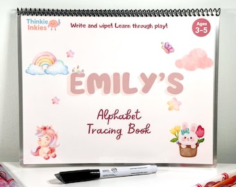 Libro de trazos del abecedario en rosa pastel para niñas / Cuaderno de ejercicios personalizado con nombres para trazos / De 3 a 5 años