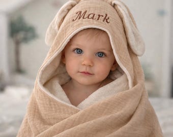 Personalisierte Bunny Ohr mit Kapuze Baby Handtuch, Musselin Baumwolle Terry Badetuch