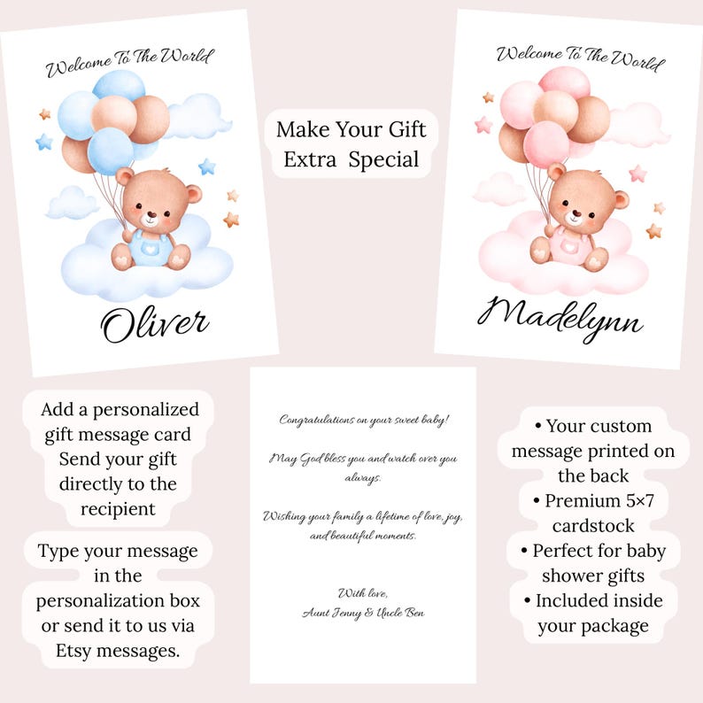 Peut inclure: Deux cartes de v&oelig;ux rectangulaires illustr&eacute;es d'un ours en peluche &agrave; l'aquarelle tenant des ballons sur un nuage. Une carte indique Welcome To The World Oliver en bleu, l'autre Welcome To The World Madelynn en rose. Une troisi&egrave;me carte porte un message.