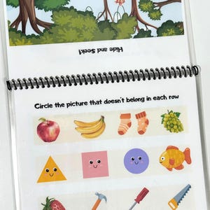 May include: A spiral-bound educational activity book page featuring a Hide and Seek forest illustration and a worksheet titled Circle the picture that doesn't belong in each row, displaying rows of fruits, socks, shapes, animals, and tools.