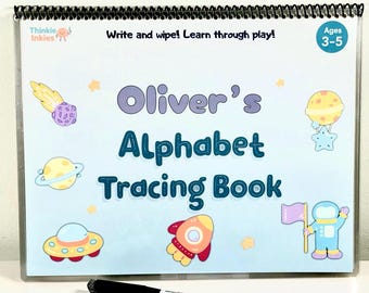 Libro de trazos del alfabeto espacial para niños / Cuaderno de trabajo de borrado en seco con nombre personalizado / De 3 a 5 años