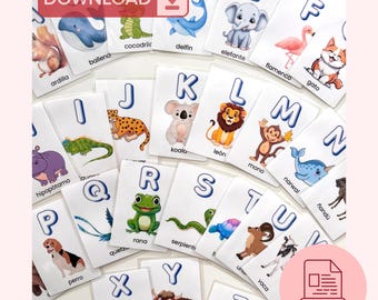Tarjetas de vocabulario del alfabeto español / Tarjetas imprimibles de animales del ABC / Descarga digital / Aprendizaje bilingüe / Educación preescolar Montessori en casa