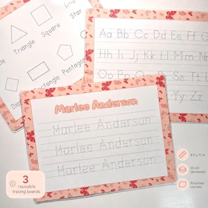 Personalized Tracing Boards Set | Reusable Name, Alphabet & Shapes Practice | Laminated Preschool Learning Boards