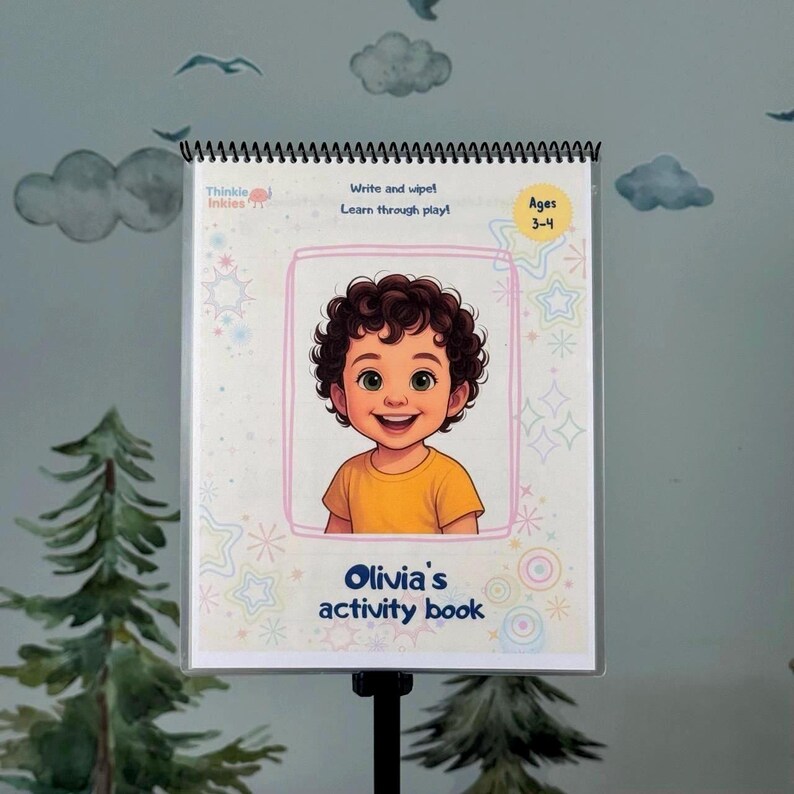 Personalized dry erase activity book for toddlers ages 3-4, write and wipe workbook with child’s name and custom cartoon portrait on cover