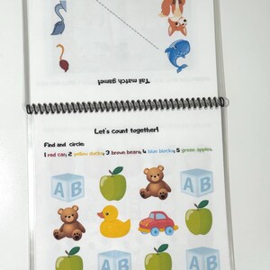 Reusable toddler activity book with matching and logic games, dry erase workbook for preschool learning ages 3-4