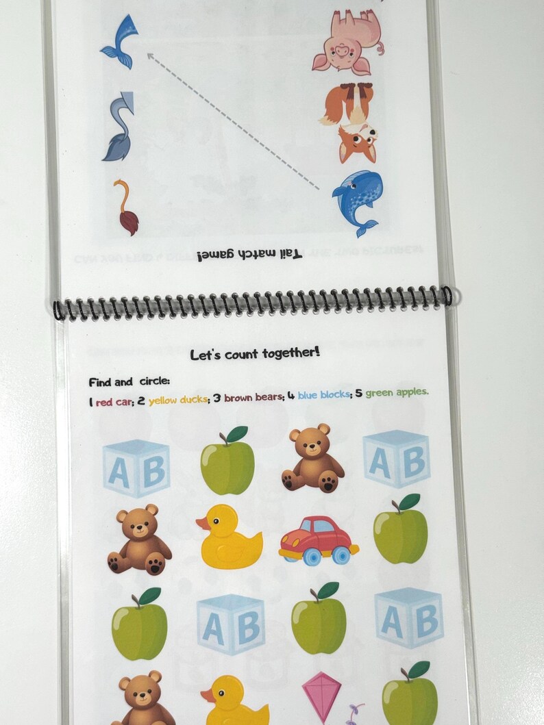 Reusable toddler activity book with matching and logic games, dry erase workbook for preschool learning ages 3-4