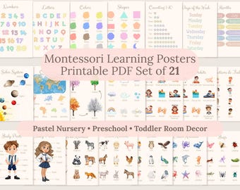 Paquete de 21 carteles educativos grandes para niños, imprimibles, para guardería en tonos pastel.