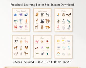 Pósteres educativos para niños: Animales de la granja, salvajes, del océano y del clima (descarga digital)