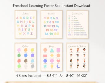 Pósteres de aprendizaje en colores pastel: ABC, números, formas y sentimientos (descarga digital)