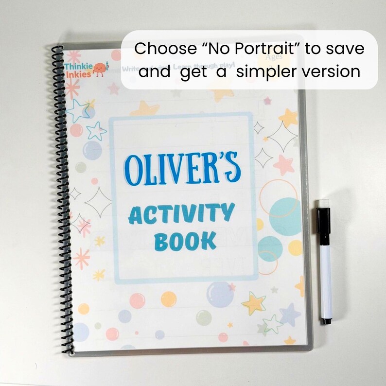 May include: A spiral-bound activity book with a white cover featuring colorful stars and circles. The text reads "OLIVER'S ACTIVITY BOOK" in blue. A black dry-erase marker is positioned to the right of the book. The cover includes the text "Choose "No Portrait" to save and get a simpler version".