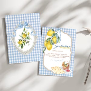 Elegant Lemon and Gingham Invitation Template for Summer Brunch, Bridal Shower, Birthday Party, Printable Digital Download