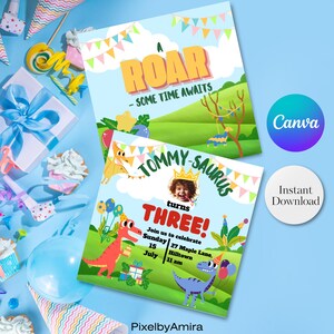 Può includere: Due inviti per feste di compleanno con grafica di dinosauri. Uno dice "A ROAR - SOME TIME AWAITS" e l'altro "TOMMY-SAURUS turns THREE!" con i dettagli della festa. Sono visibili anche i loghi Canva e Download istantaneo.