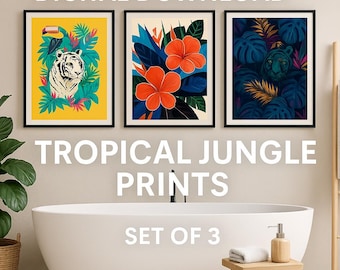 Impressions d'art de la jungle tropicale : tigre blanc, toucan, fleurs exotiques (téléchargement numérique)