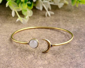 Moonstone Crescent Gold Bangle Bracelet