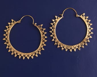 Gold Filigree Hoop Earrings, Handmade Boho Ethnic Statement Jewelry, Vintage Style Hoops