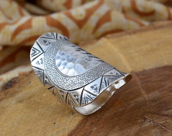 Sterling Silver Shield Ring, Wide Hammered Boho Statement Ring, Large Geometric Tribal Ring for Women, Adjustable Ethnic Silver Band,