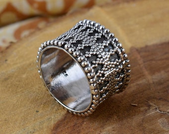 Wide Band Sterling Silver Ring for Women, Tribal Etched Cigar Ring, Boho Hammered Statement Ring, Oxidized Silver Thumb Ring,