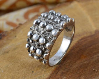 Handmade Sterling Silver Granulated Statement Ring - Chunky Bubble Texture Wide Band - Organic Brutalist 925 Silver Jewelry for Men & Women