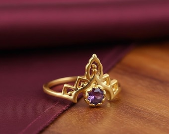 Gouden kroonring met paarse amethist, vintage tiararing, handgemaakte boho-edelsteenring, minimale koninklijke sieraden cadeau voor haar