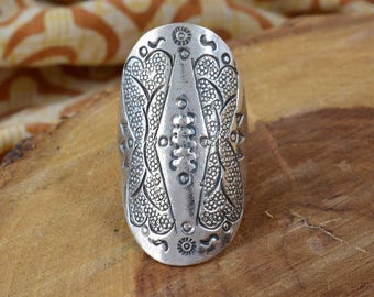 Handmade Sterling Silver Statement Ring - Large Oval Boho Shield Ring - Wide Band Tribal Engraved Finger Ring - Ornate Ethnic Jewelry