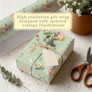 Beatrix Potter Green Floral Animals Wrapping Paper | Roll of Botanical Gift Wrap